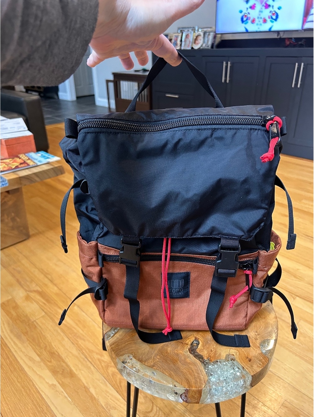 Topo Designs Black and Brown Roll-Top Backpack